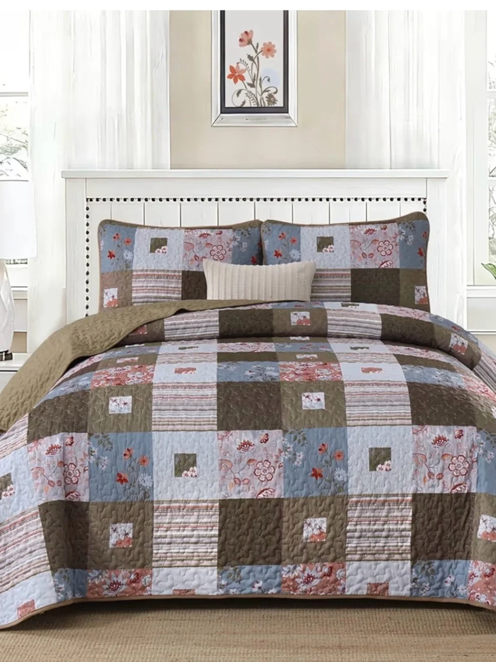 Patchwork Floral Quilt Set in Blue, Brown and Cream